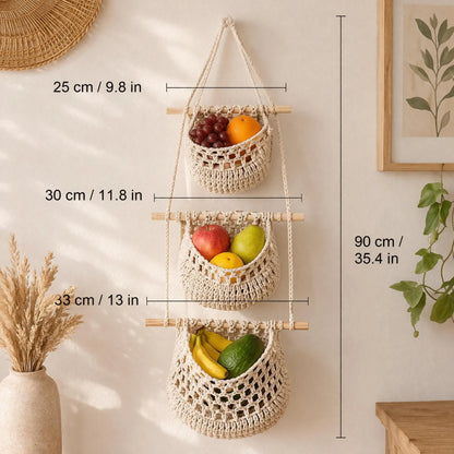 Macrame Hanging Fruit Basket | 3 Tier Boho Kitchen Organizer | Hemp Cotton Rope Wall Hanging Basket
