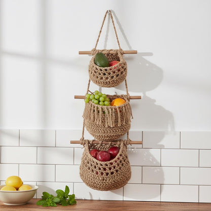 Macrame Hanging Fruit Basket | 3 Tier Boho Kitchen Organizer | Hemp Cotton Rope Wall Hanging Basket