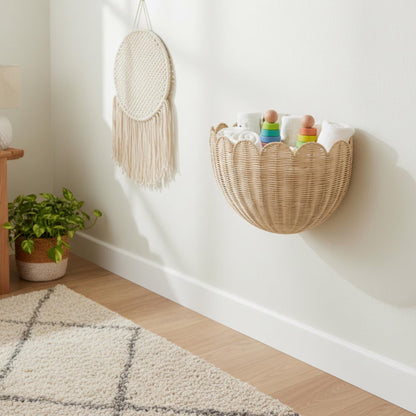 Hand-Woven Rattan Wall Basket, Boho Nursery Storage