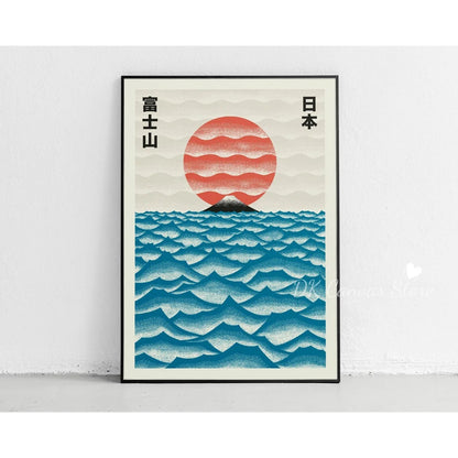 Japanese Mount Fuji Abstract Canvas Print Poster Japandi Retro Sun Mountain Waves Art Prints Living Room Wall Art Home Decor